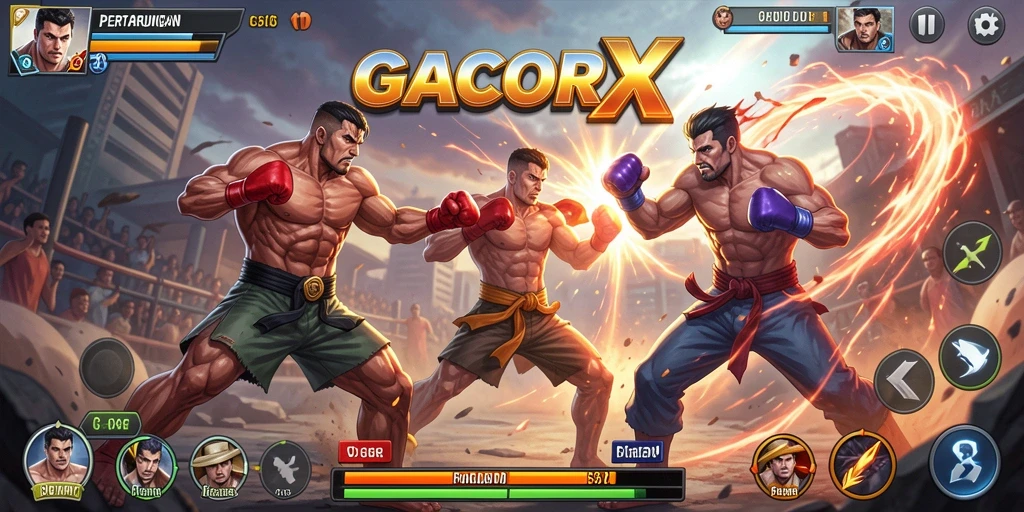 Tampilan gameplay GACORX yang penuh tindakan dan pertarungan sengit.