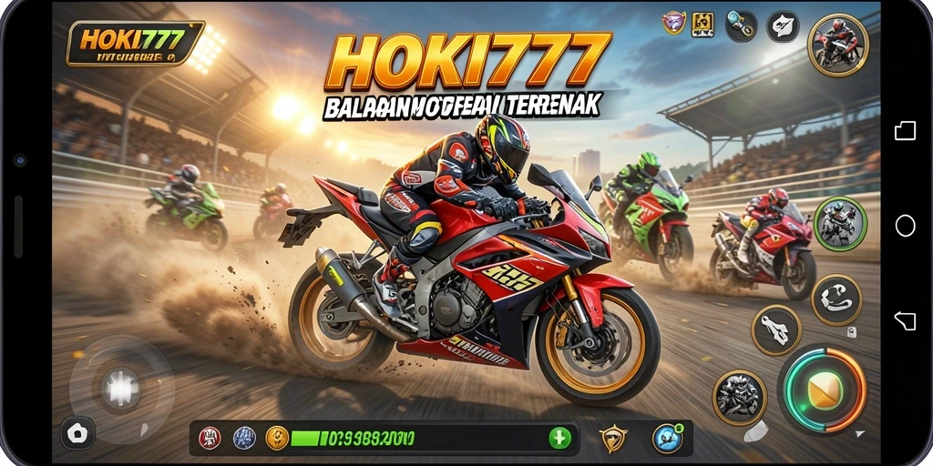Tampilan gameplay HOKI777 yang menampilkan balapan motor seru.