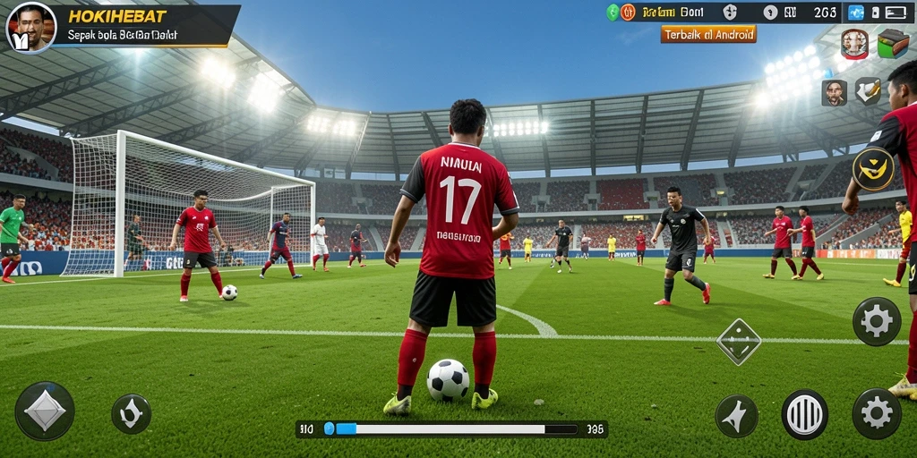 Tampilan gameplay HOKIHEBAT dengan aksi seru di lapangan sepak bola.