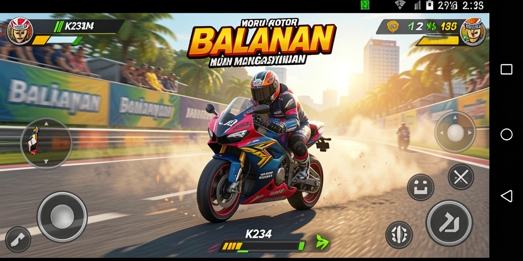 Screenshot gameplay K234 menampilkan aksi balap motor yang mendebarkan.