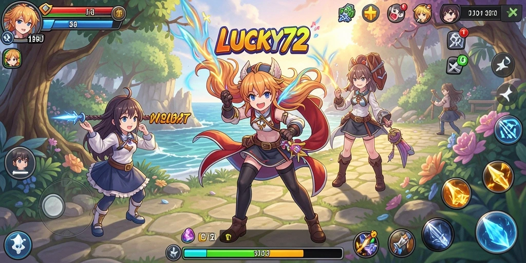 Tampilan gameplay LUCKY72 yang menakjubkan dengan aksi karakter anime.
