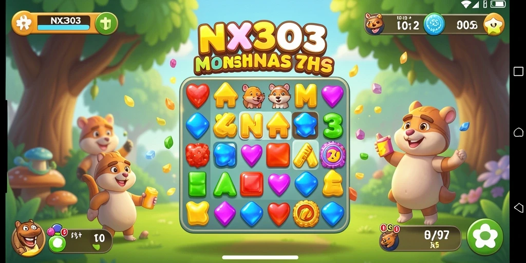 Tangkapan layar gameplay NX303 yang menunjukkan kombinasi permata Match-3.